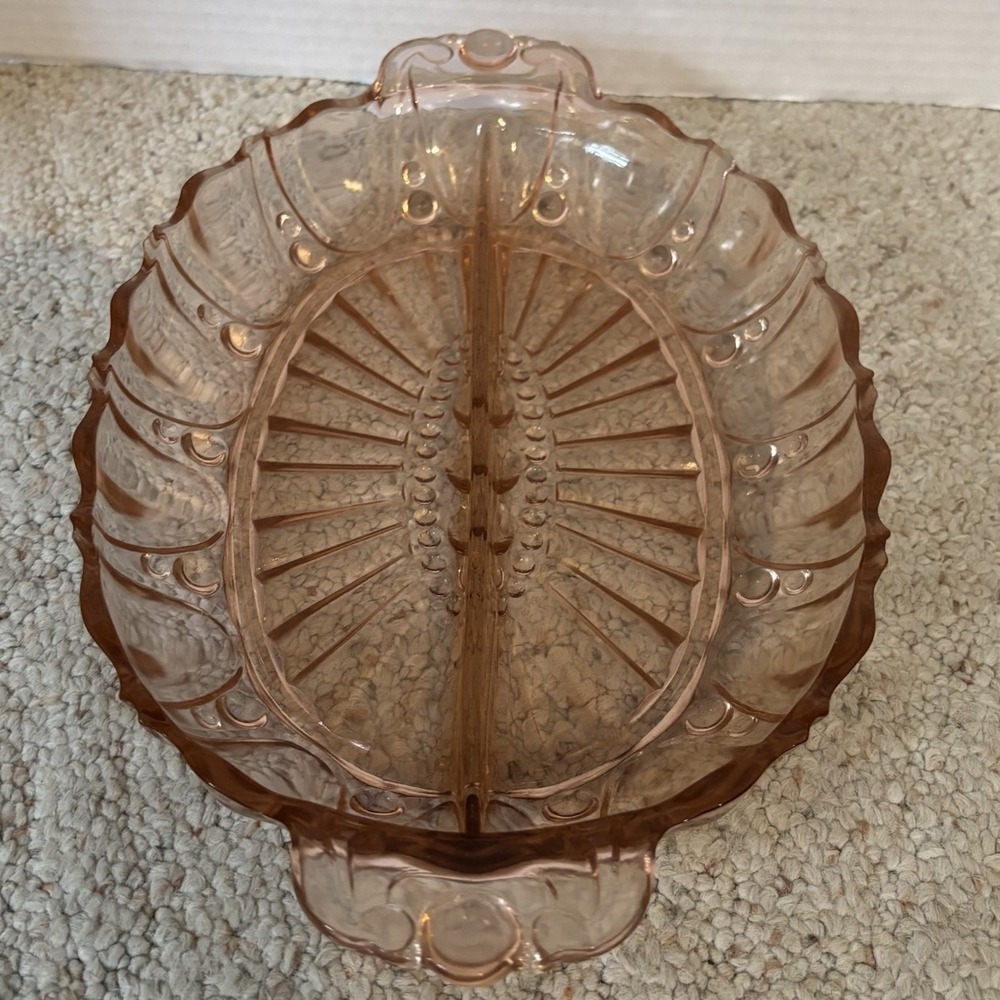 Anchor Hocking Pink Depression Glass Oyster and Pearl Divided Relish Dish